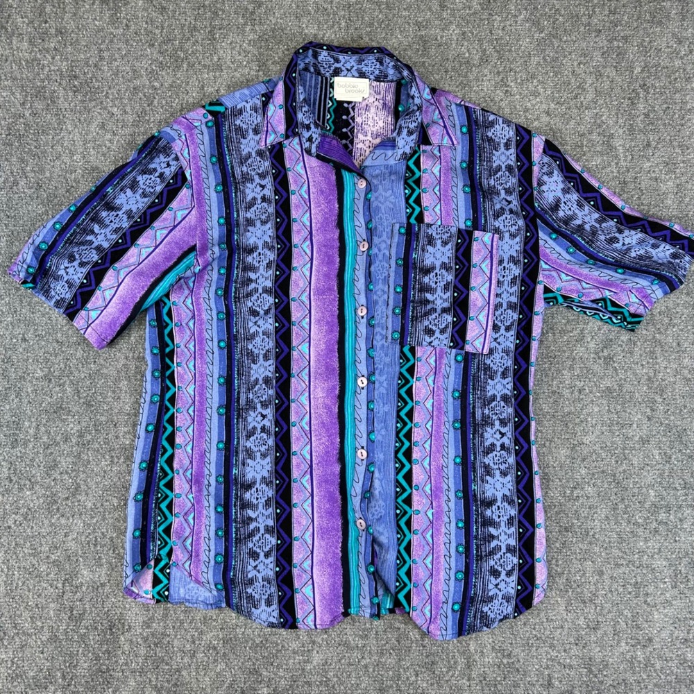 Bobbie Brooks Vintage 90s Purple Blue Tribal Geometric Stripe Rayon Shirt Small